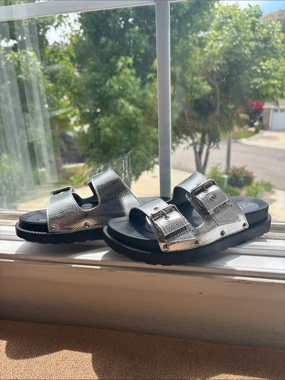 GUESS Silver Double Buckle Slide Sandals